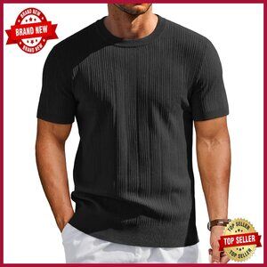 Men's Ribbed Crewneck T-Shirt, Soft Knit Fabric, Versatile Casual Dress Tee